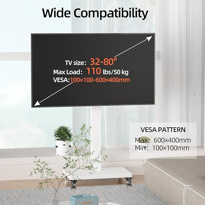 XinleTech Mobile TV Cart Stand for 32-80 Inch TVs, 90°Landscape to Portrait