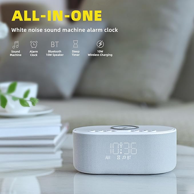 Sound Machine Alarm Clock Wireless Charger: Bluetooth 10W Stereo Sound Speaker