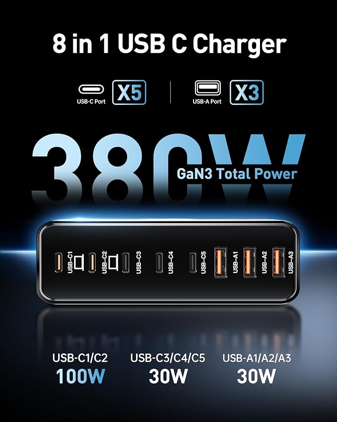 380W USB C Charger Block, with 4 USB Cables 8-Port USB C Charging Station Dual