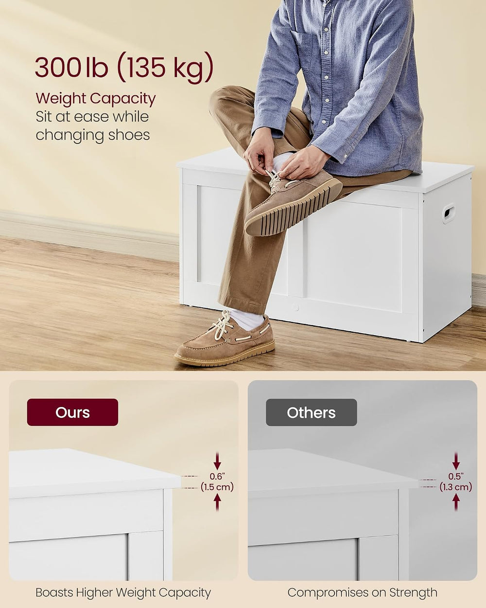 VASAGLE Storage Chest with 2 Safety Hinges, 15.7 x 31.5 x 18.3 Inches