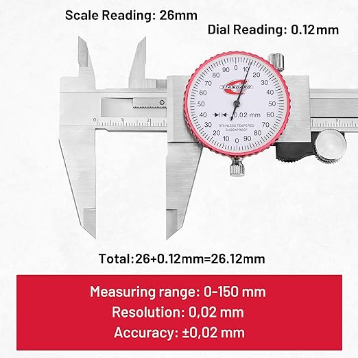 Standard Gage Metric Dial Caliper Measuring Tool 0-150mm Range, Analog