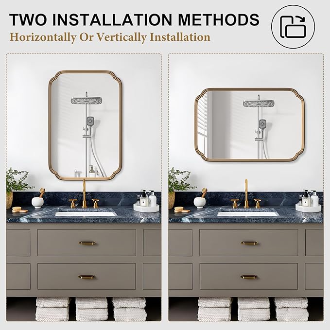 Gold Bathroom Mirror for Wall 20" x 30" Modern Rounded Corner Recta...