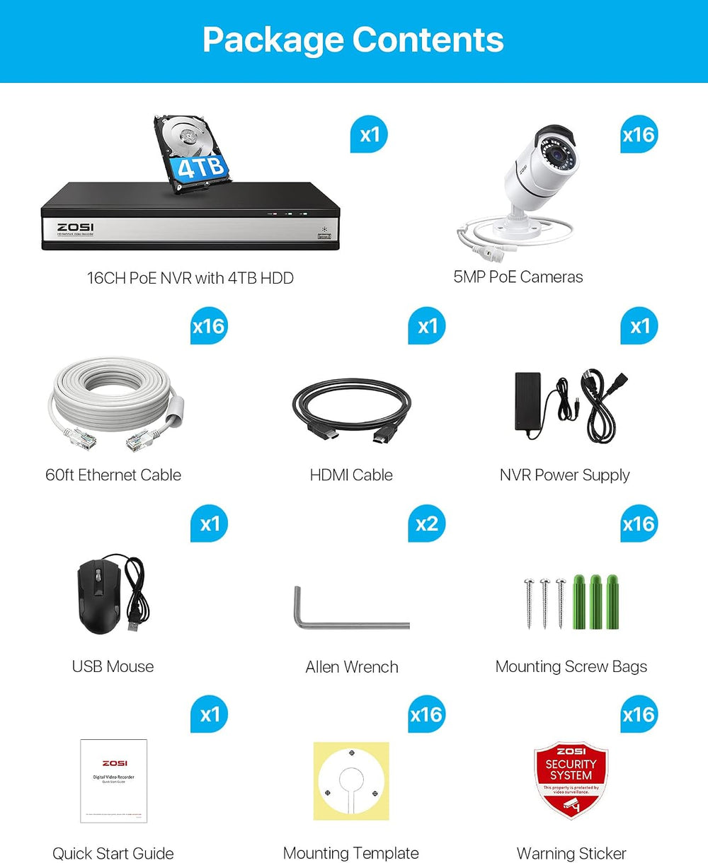 ZOSI 16 Channel 4K PoE Home/Business Security Camera System with 4TB HDD