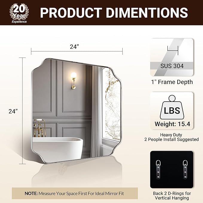 ANDY STAR 24"x24" Chrome Mirror, Polished Nickel Square Mirror