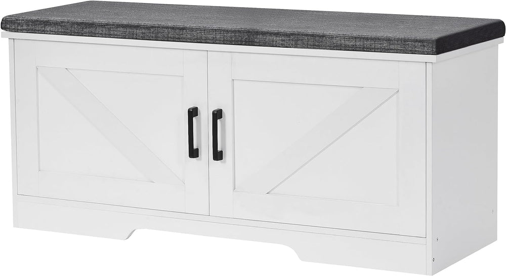 HOMSHO Farmhouse Shoe Storage Bench with 2 Barn Doors & Padded Seat Cushion