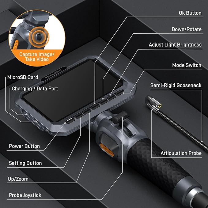 Teslong Two-Way Articulating Borescope, 5.5mm Slim Probe, 5.0'' Indus...