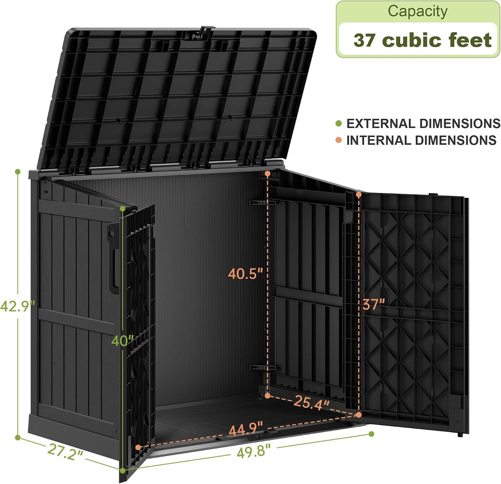 Plastic Outdoor Storage Shed, 37 Cu Ft Weatherproof Outdoor Storage Box with ...