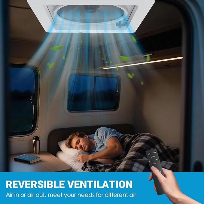 2012 14" RV Roof Vent Fan with LED Light, Air Max Reversible Exhaust Vent
