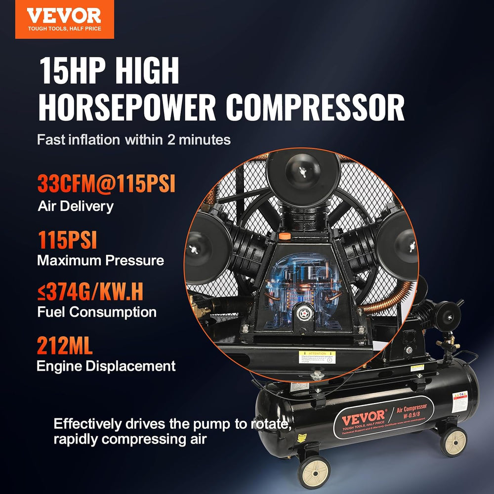 VEVOR 15HP Gas Powered Air Compressor, 30 Gallon Horizontal Air Compressor Ta...