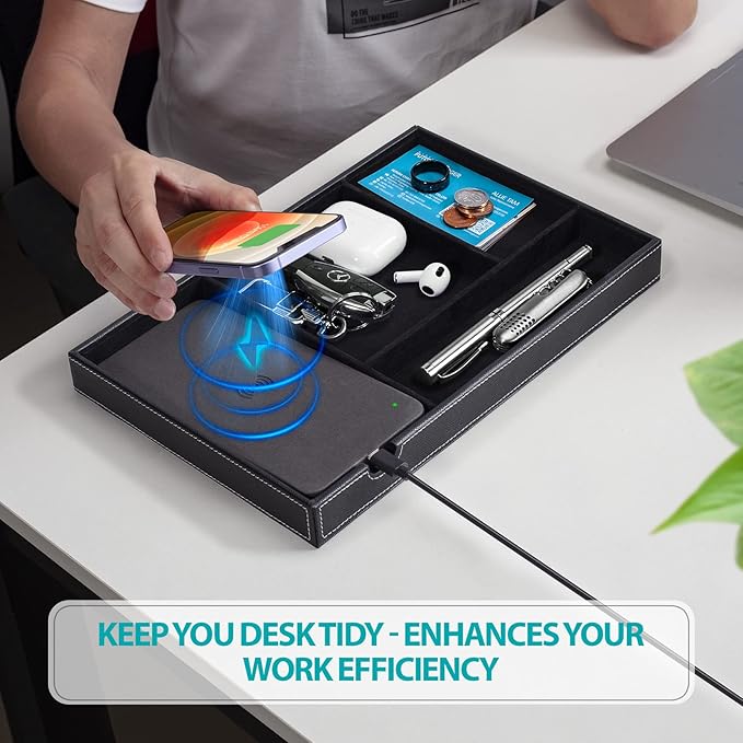Valet Tray, Built in Wireless Charging Pad, Nightstand Organizer, Dresser