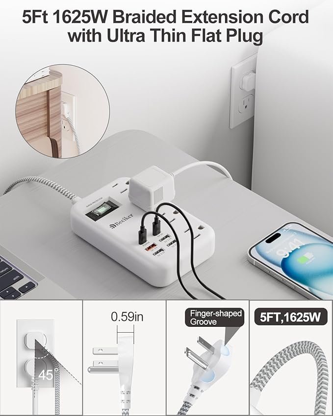 45W USB C Surge Protector Power Strip, Travel Power Strip
