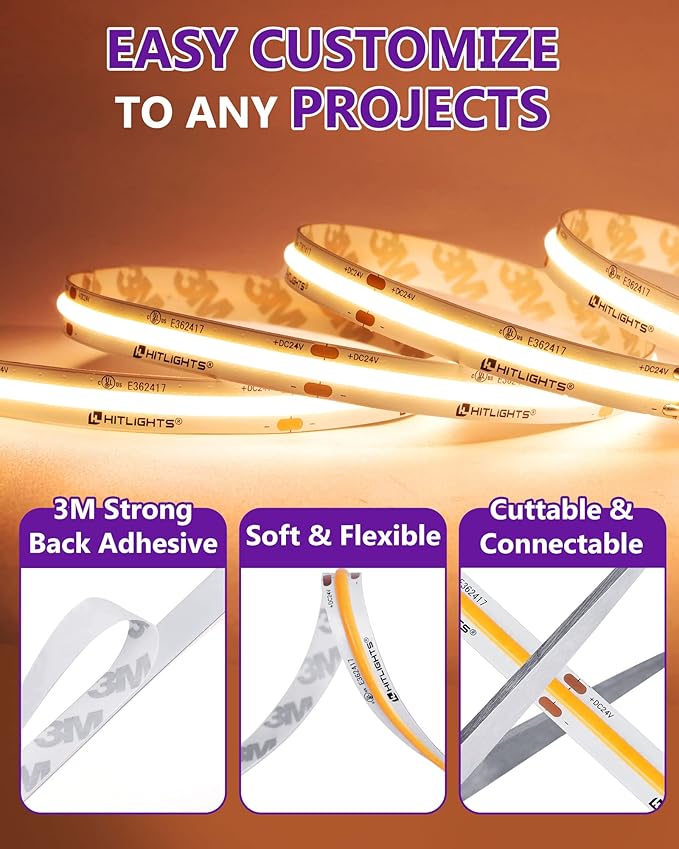 HitLights COB LED Strip Lights Warm White 2700K, 16.4ft Premium High Density