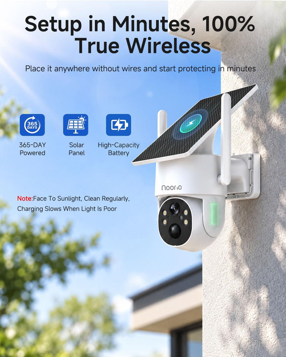 Noorio 2K 4MP Solar Security Camera Outdoor Wireless 360° PTZ, WiFi 6, IP65