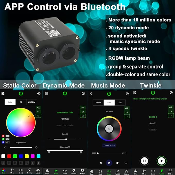 AZIMOM Dual Color 20W Fiber Optic Light Source RGBW Light Box Engine Diver