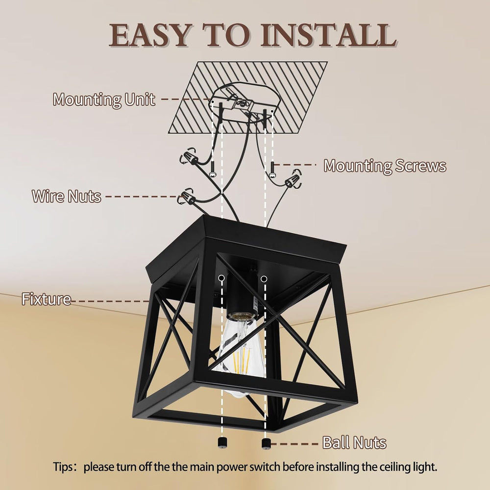 1 Light Black Industrial Flush Mount Ceiling Light Fixture - Square Farmhouse...