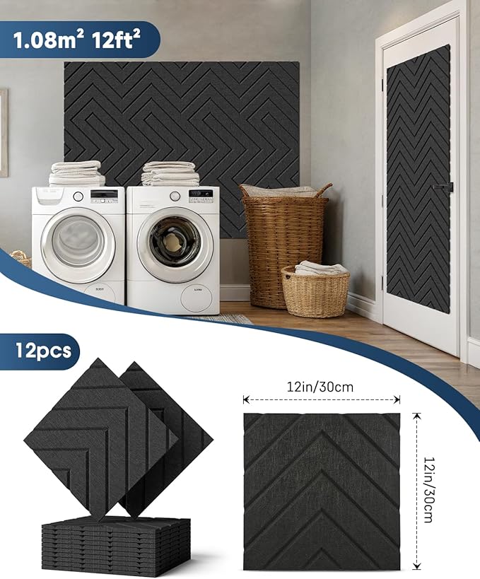 Woovio Sound Proof Foam Panels for Walls, 12 Pack Self-Adhesive Acoustic Panels