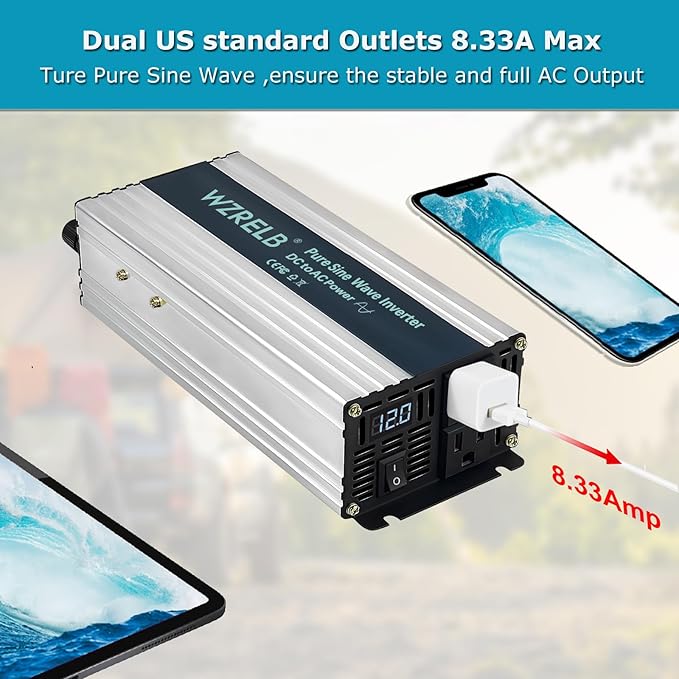 WZRELB 1000W Pure Sine Wave Inverter 12V DC to 110V 120V AC Power Converter