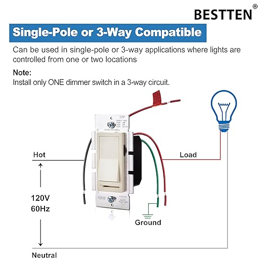 BESTTEN 6 Pack Dimmer Wall Light Switch, Compatible