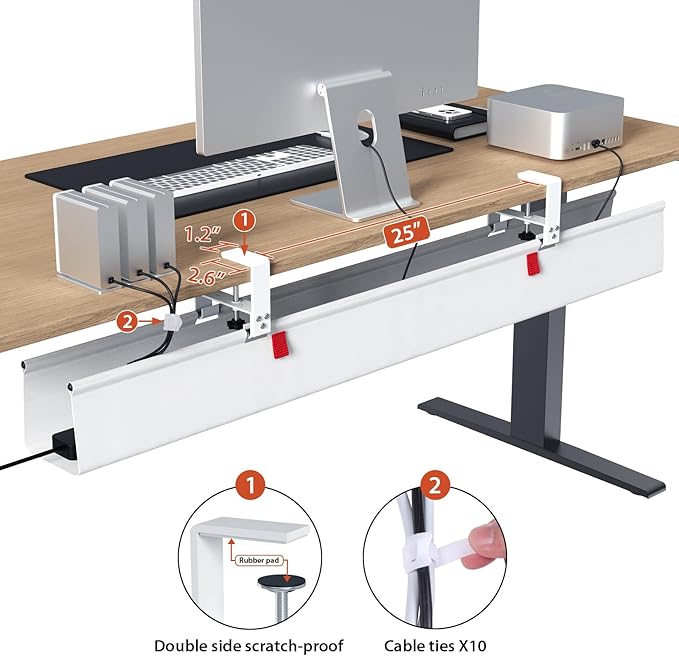 Univivi No Drill Under Desk Cable Management Tray, Clamp/Screw Mount Desk Cable