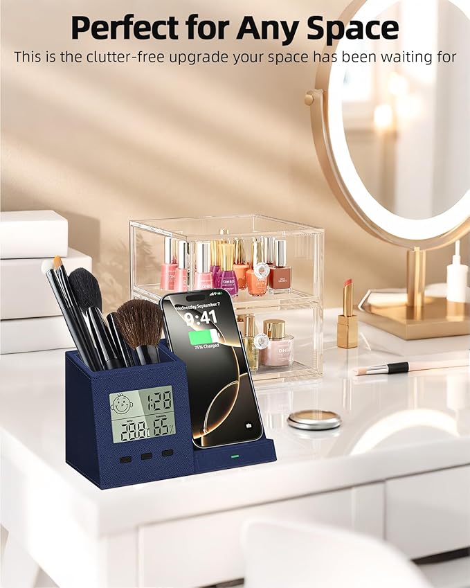 3-in-1 Wireless Charger with Pen Holder, Desk Clocks with Temperature and