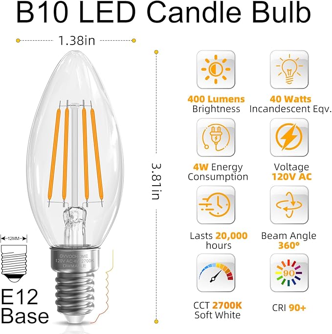 GvvooHome Candelabra Light Bulbs 40 watt Equivalent, E12 LED Bulb Dimmable