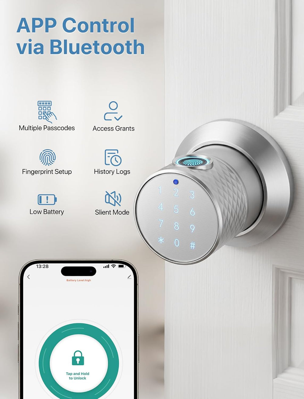 Smart Fingerprint Door Lock with App,Keypad Door Knob for Bedroom
