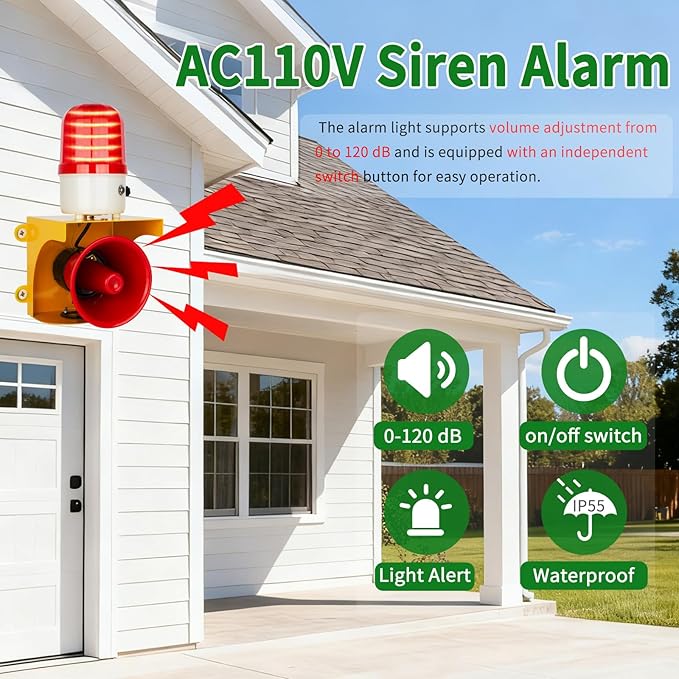 kbaoele AC110V Industrial Siren Alarm Strobe Light-120dB Loud Horn&Waterp...