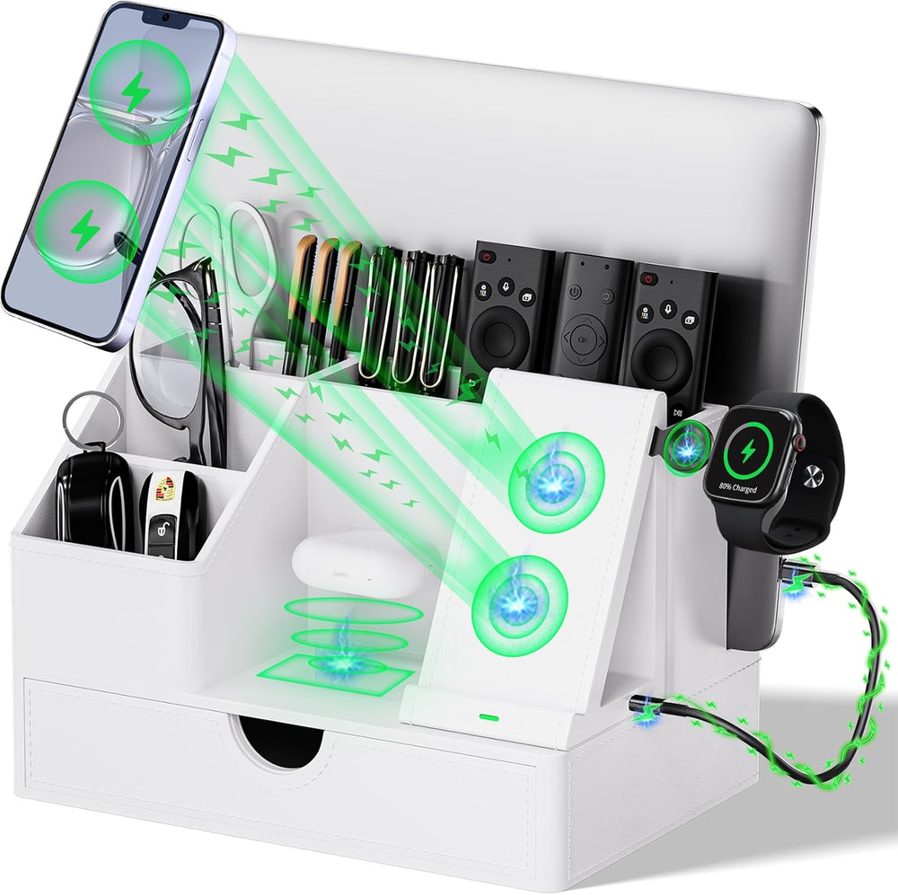 Sleek White PU Leather Charging Station