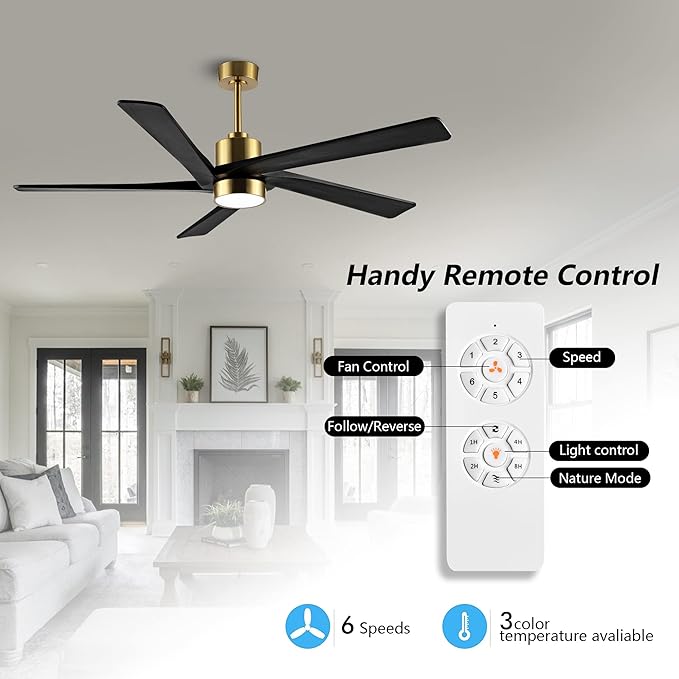 WINGBO 72" DC Ceiling Fan with Lights and 3 Downrods, 5 Carved Wood Blades