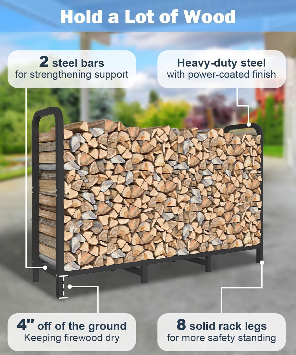 4ft Firewood Rack Holder with Cover, Adjustable Heavy Duty Fire Log Stacker S...
