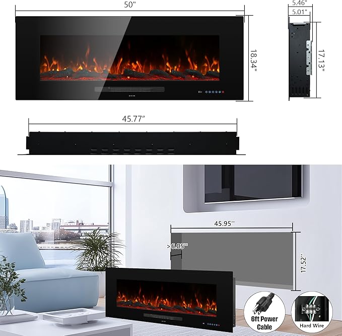 50" Electric Fireplace, Recessed & Wall Mounted Fireplace Heater 13 ...