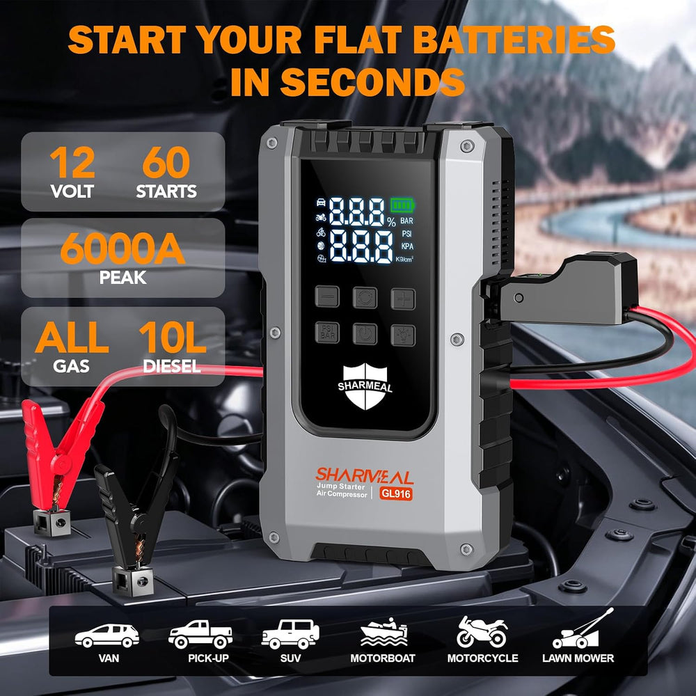 6000A Jump Starter with Air Compressor 160PSI 12V for All Gas/10L Diesel