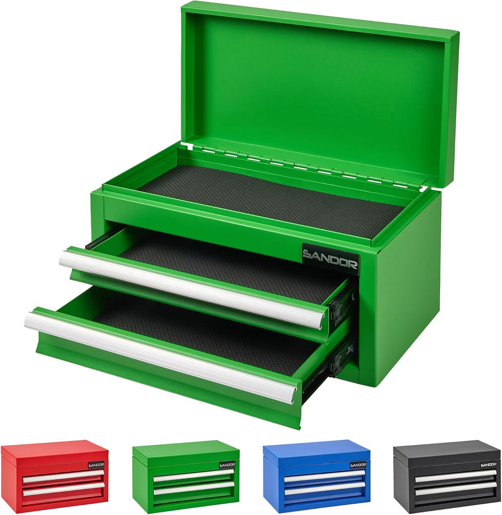 Mini Tool Box - Metal Tool Chest with 2 Drawers & PVC Drawer Liners - Green