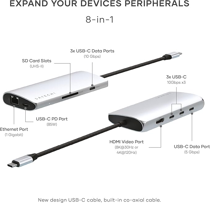 Satechi 8 in 1 USB C Hub Multiport Adapter V3, 8K HDMI, 100W Charging, 4 USB