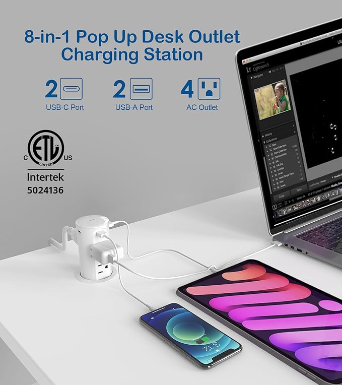 2.5 inch Hole Pop up Outlet for Countertop, 20W USB C, 4 USB Ports, 4 Outlets