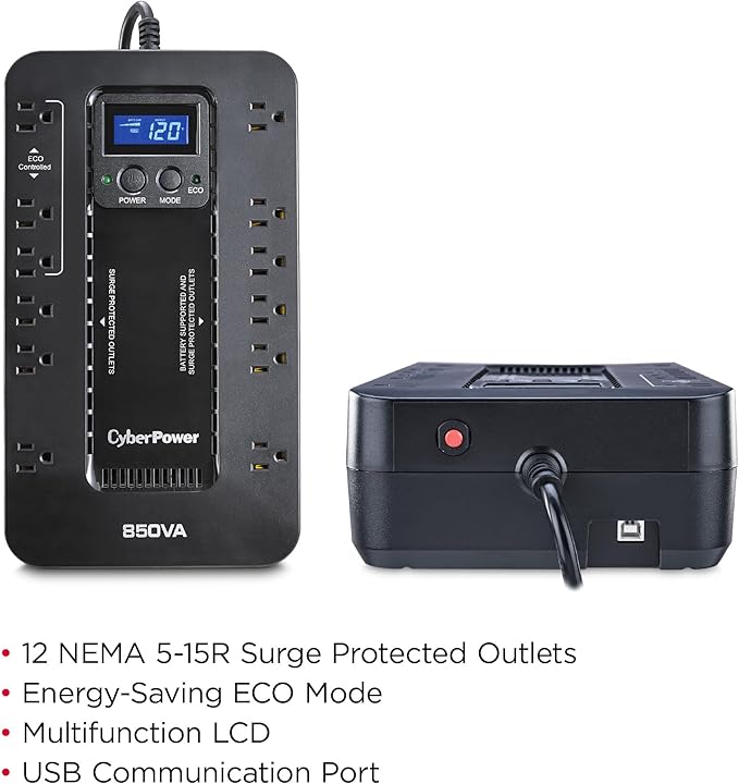 CyberPower EC850LCD Ecologic UPS Battery Backup and Surge Protector, 850VA/510W