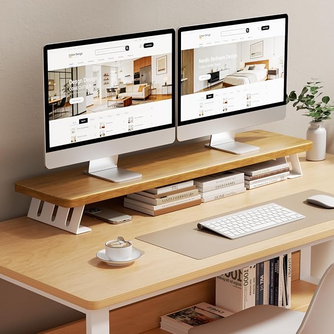 NestNeat Dual Monitor Stand Riser, 39 Inch Large Wood Monitor Stands