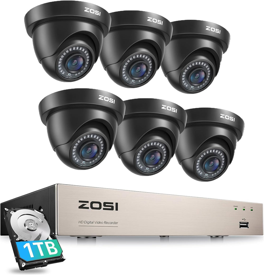 ZOSI 8CH Home CCTV Camera System, 6X 1080P Outdoor Wired Cameras, 1TB HDD