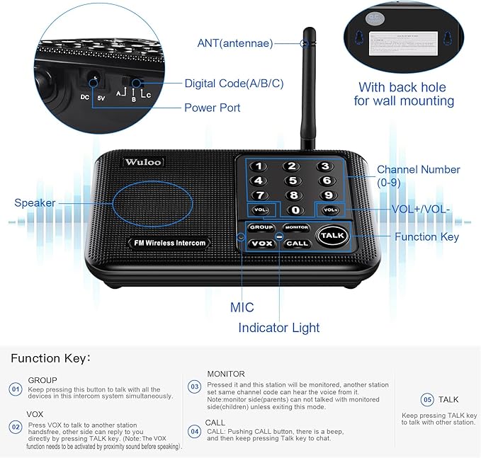 Wuloo Intercoms Wireless for Home 5280 Feet Range 10 Channel 3 Code, Wireless...