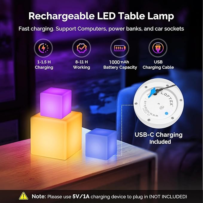 LOFTEK 7-inch LED Cube Night Lights: Rechargeable RGB 16 Colors Changing Light