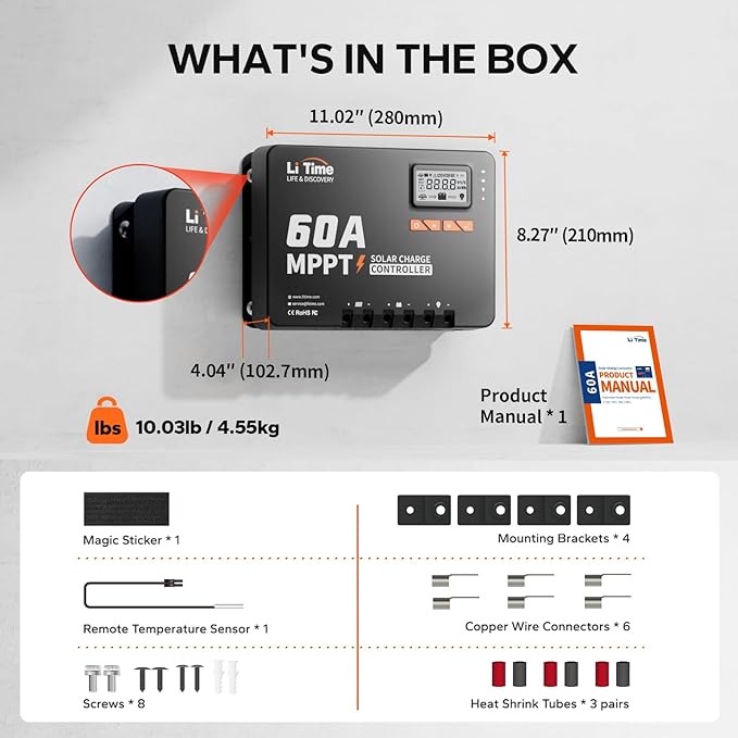 LiTime 60 Amp MPPT 12V/24V/36V/48V/Auto DC Input Solar Charge Controller is