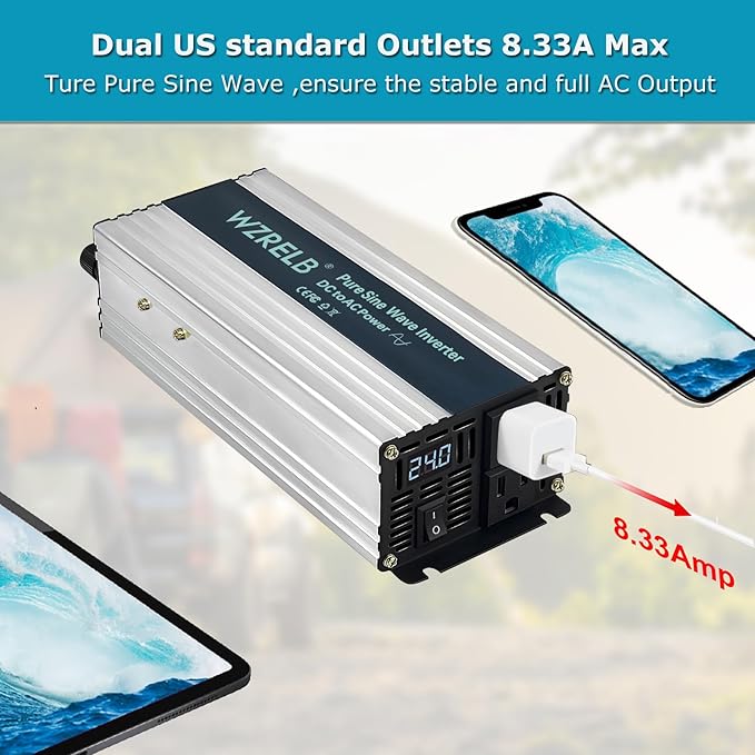 WZRELB 1000W Pure Sine Wave Inverter 24V DC to 110V 120V AC Power Converter