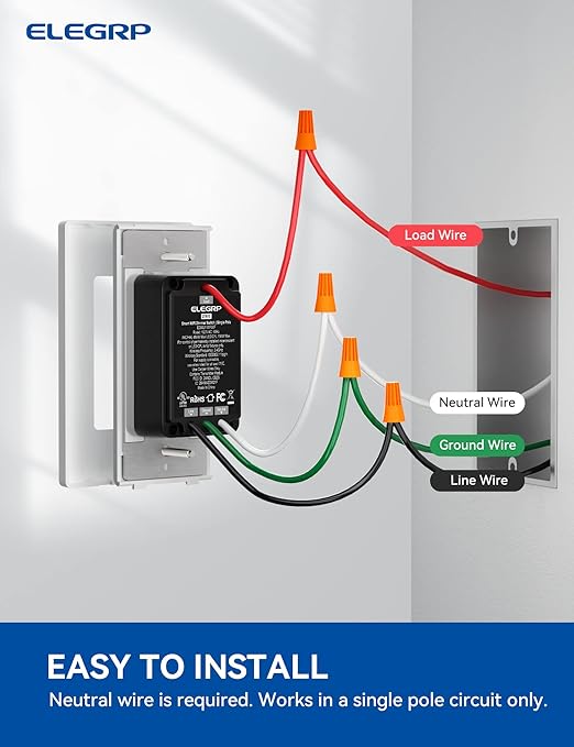 ELEGRP Single Pole Smart Dimmer Light Switch DPR10, 2.4GHz Wi-Fi Dimmer Switc...