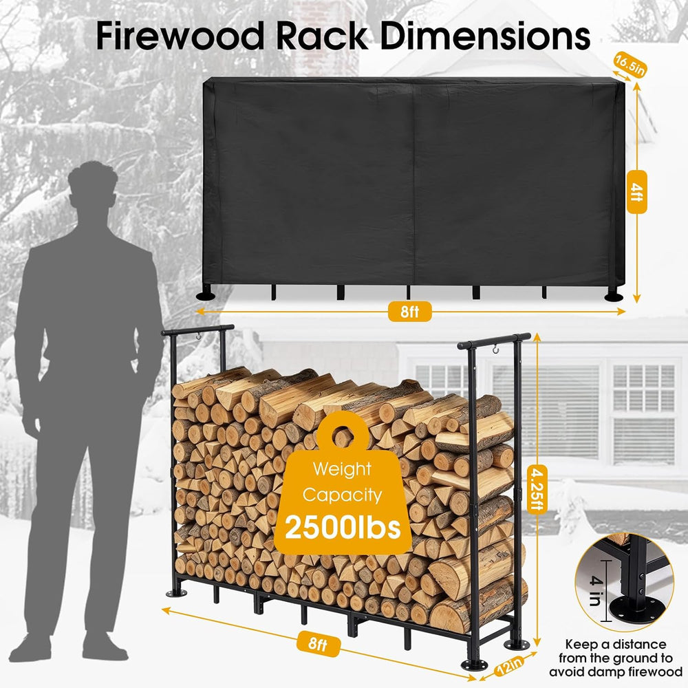 8ft Firewood Rack Outdoor with Cover, Fire Wood Storage Racks
