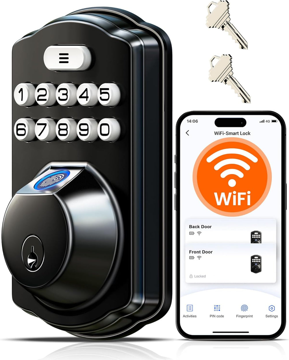Veise VE012W WiFi Fingerprint Smart Lock for Front Door, Matte Black