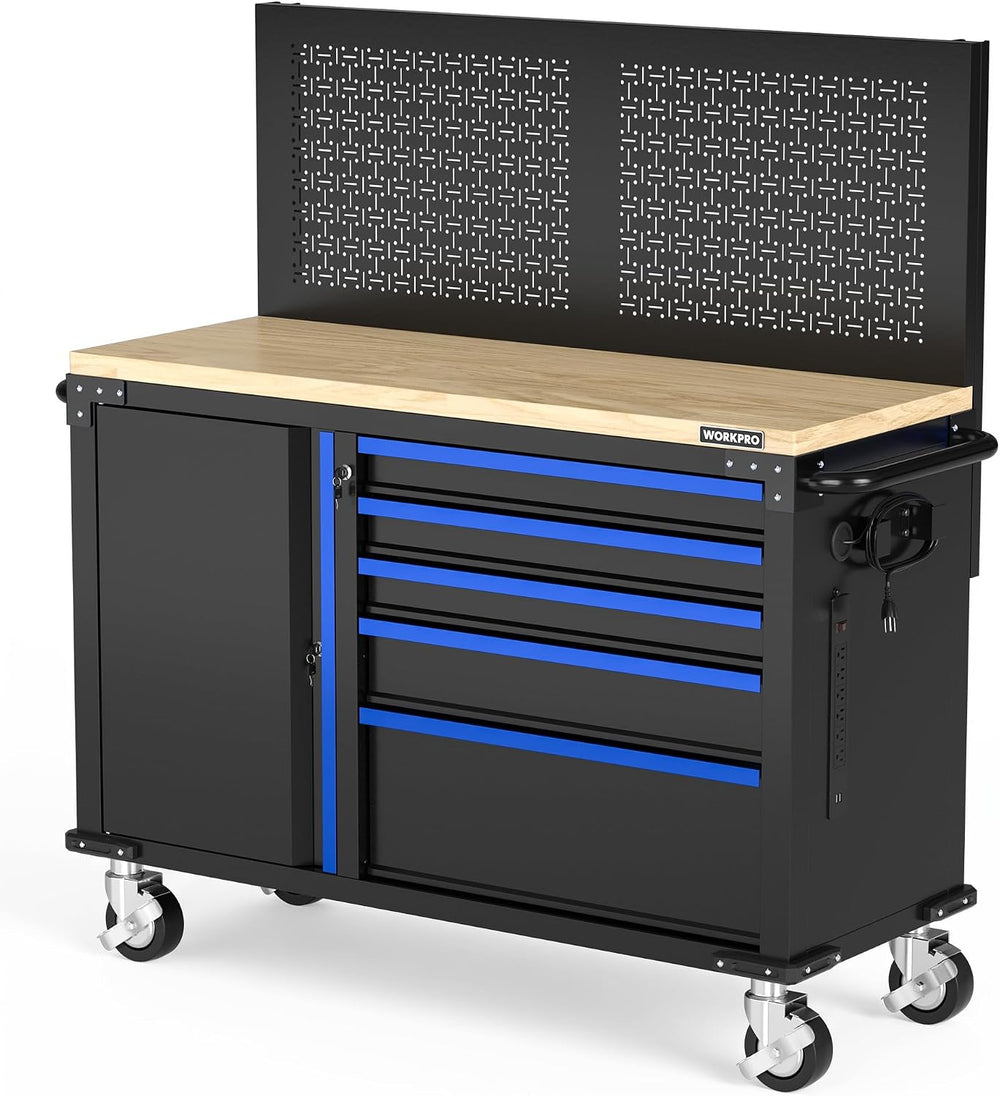 WORKPRO 52" x 20" Rolling Tool Chest with Pegboard, 5-Drawer & ...