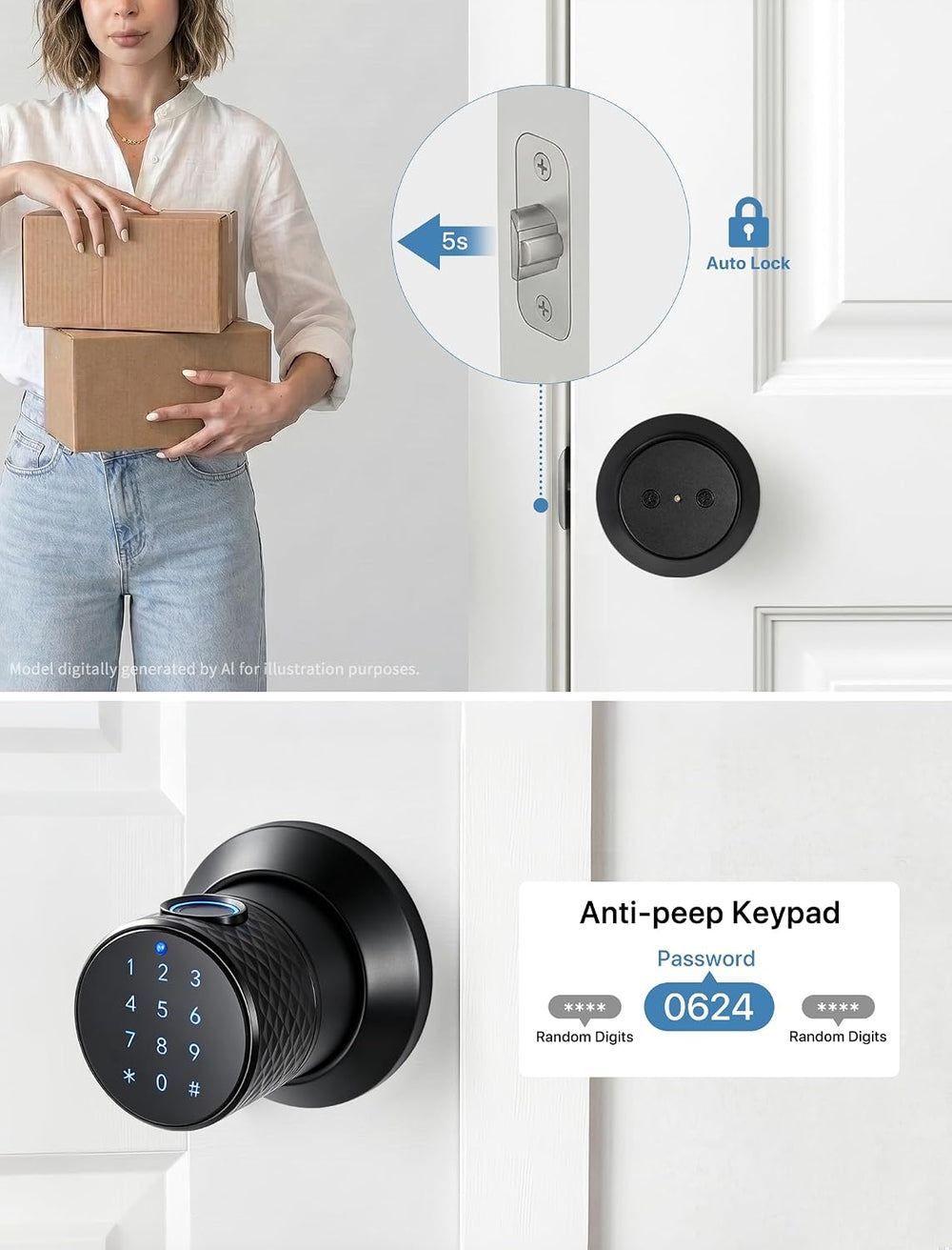 Smart Fingerprint Door Lock,Keypad Door Knob with App for Bedroom
