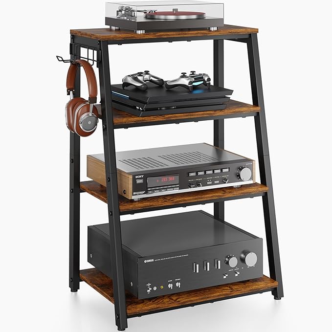 4-Tier AV Media Stand with 2 Hooks, Heavy Duty Stereo Cabinet Furniture-Large