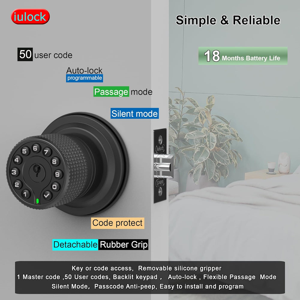 Keypad & Key Smart Door Lock, 50 User Codes, Waterproof, Auto Lock - Matt...