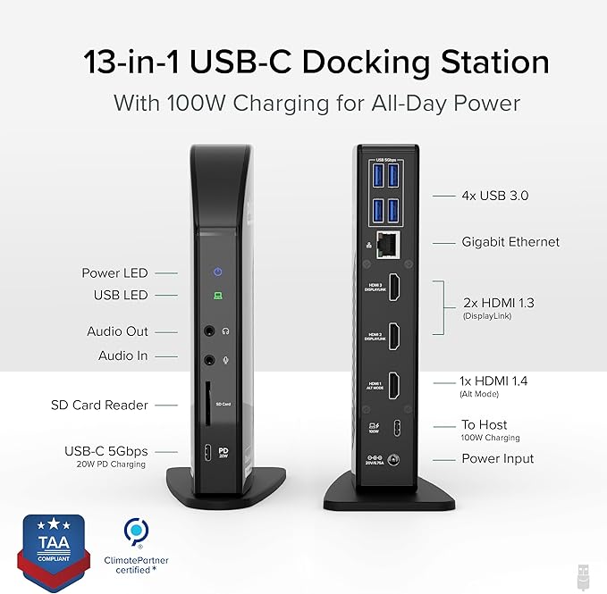 Plugable USB-C Triple Monitor Docking Station: 13-in-1 Laptop Dock